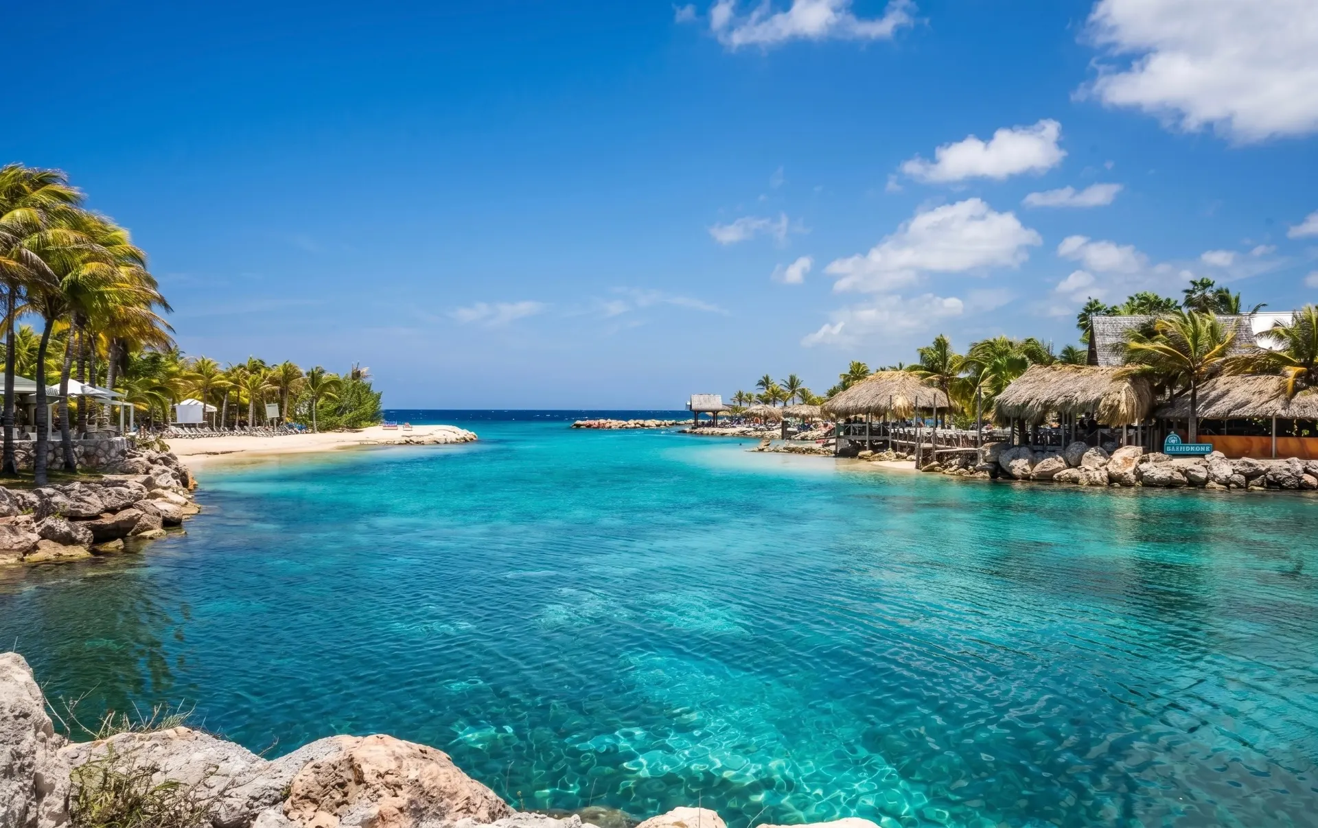 Aerial view of turquoise Caribbean ocean meeting palm-lined white sand in Curaçao at golden hour